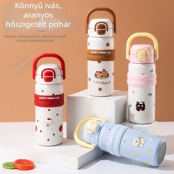 Gyerekeknek tervezett termosz 316-os rozsdamentes acélból, szívószállal, nagy kapacitású, karikatúra dizájn