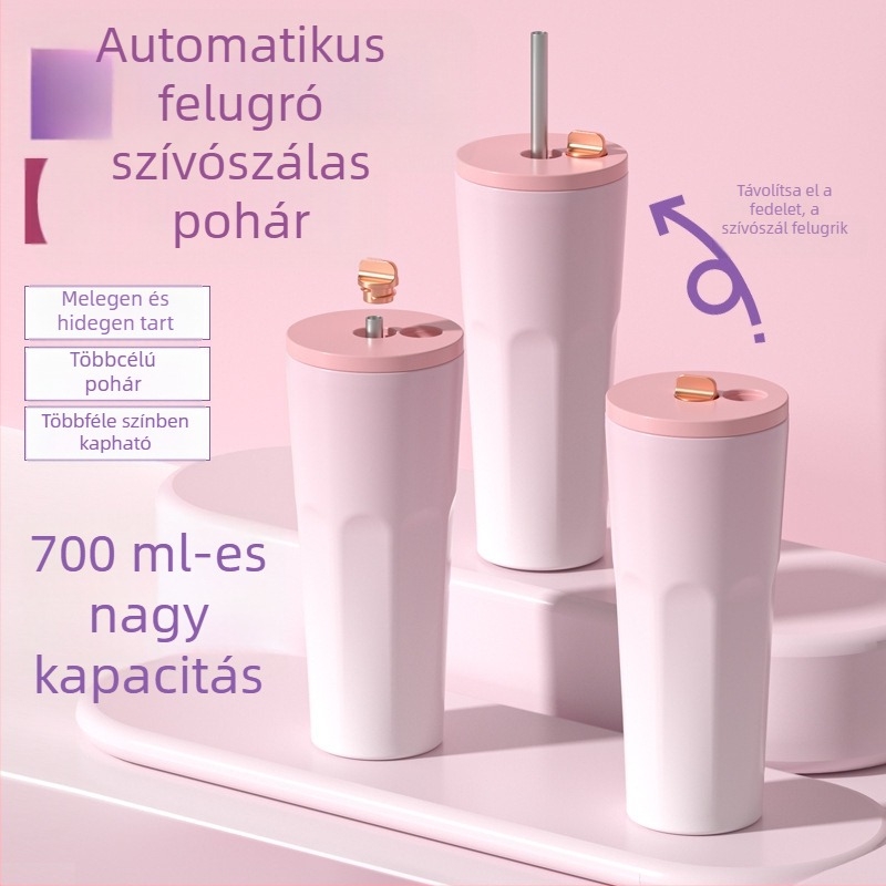 304 rozsdamentes acélból készült kávés pohár, dupla falú vákuum, szívószál, nagy kapacitás, logó testreszabható