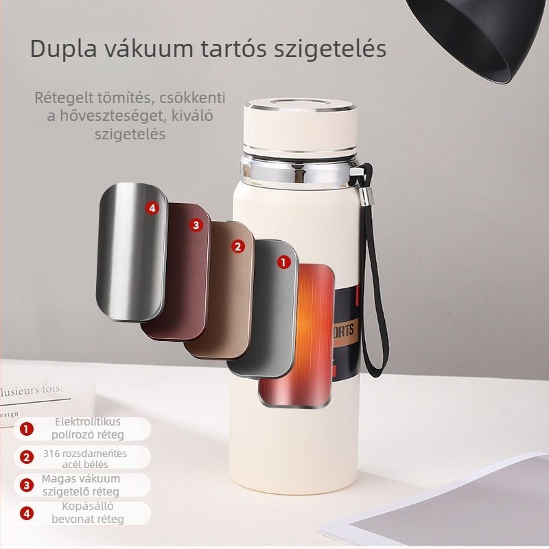 Leejtésbiztos termosz pohár 316-os rozsdamentes acélból, hordozó pánttal, nagy kapacitású, utazó teáskanna