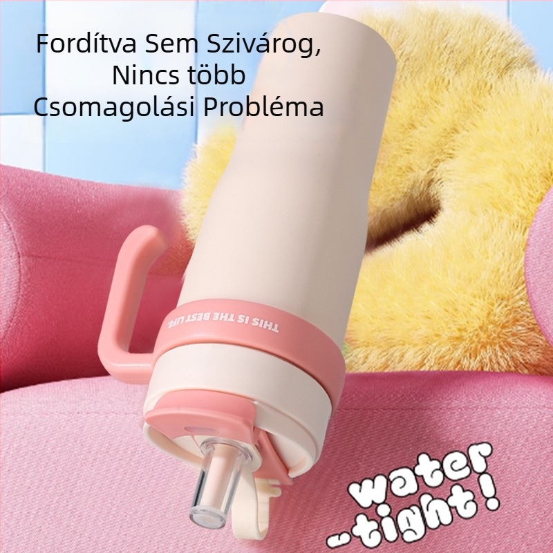 Új 304 rozsdamentes acél termoszos pohár fogantyúval és szívószállal, autóban használható, hordozható dupla falú vákuumpohár
