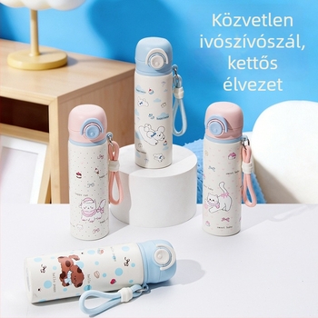 Gyerekeknek tervezett termosz pohár kettős szívócsővel, hordozható, iskolába járó diákok számára, oldalsó zsebbel, nagy kapacitású