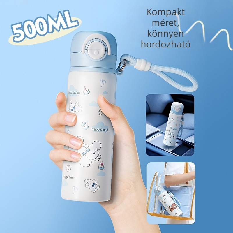 Gyerekeknek tervezett termosz pohár kettős szívócsővel, hordozható, iskolába járó diákok számára, oldalsó zsebbel, nagy kapacitású