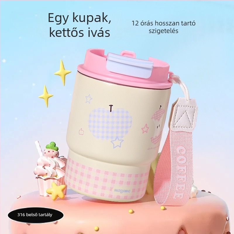 Új 3D-s karikatúra dizájnú termosz pohár fogantyúval, dupla ivófedéllel, irodai és autóhasználatra