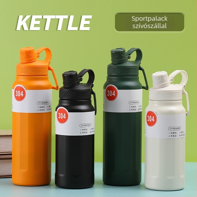 Moderne, minimalist designú termosz 304 rozsdamentes acélból, szigetelt, nagy kapacitású, kültéri hordozható, fogantyúval és szívószállal, sportpalack