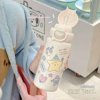 Szigetelt diák pohár szívószállal, aranyos dizájn, könnyen hordozható, kettős használatú