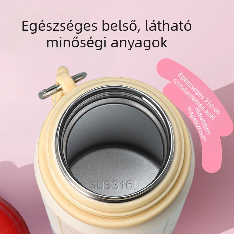 Fogantyúval ellátott dupla falú termosz pohár, aranyos rajzfilmes dizájn, belső 316 rozsdamentes acél, hordozható diákok számára