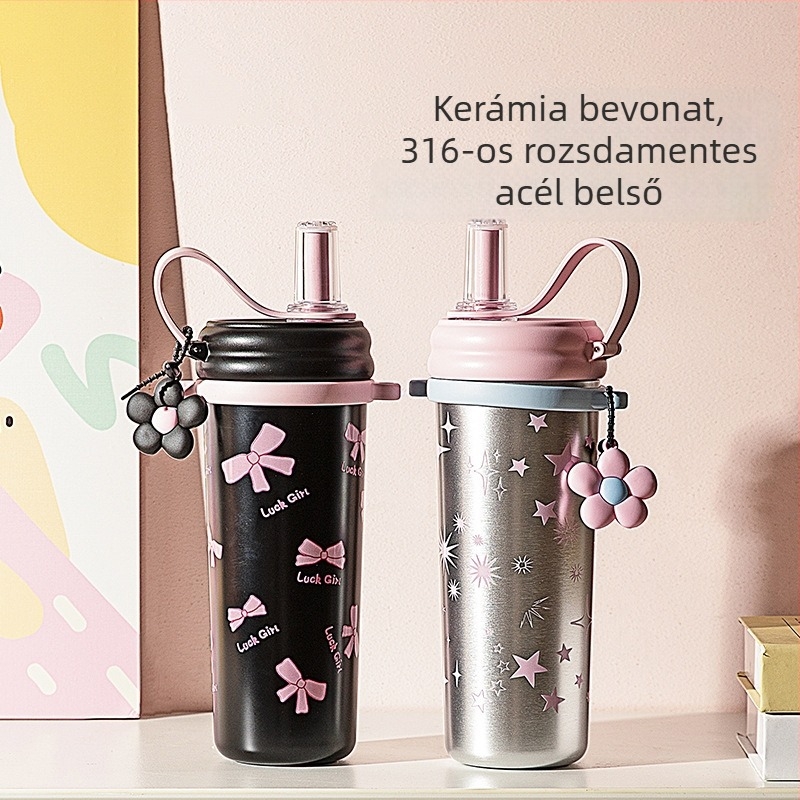 Stílusos szívószálas termosz, 316 rozsdamentes acélból, szigetelt, külső fogantyúval, hordozható