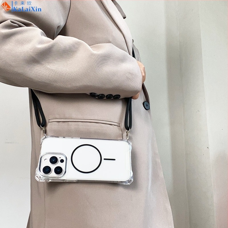 Átlátszó MagSafe védőtok diagonális pánttal iPhone 11–14 (Pro/Max), ütésálló védelem