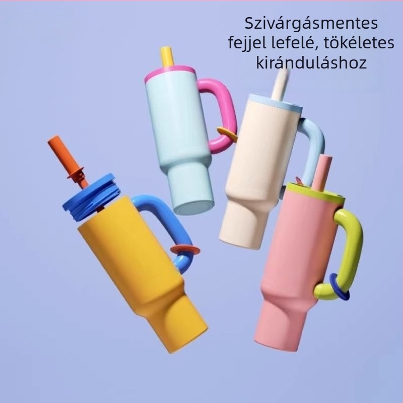304 rozsdamentes acél termoszpohár fogantyúval és szívószállal – hordozható autóhoz és kültéri használatra