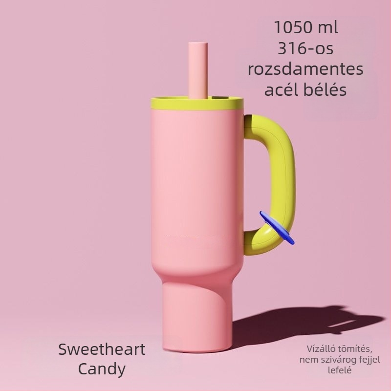 304 rozsdamentes acél termoszpohár fogantyúval és szívószállal – hordozható autóhoz és kültéri használatra