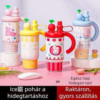 Lányoknak szóló hőszigetelt autós pohár, stílusos és aranyos, nagy kapacitású, 316 rozsdamentes acélból, szívószállal