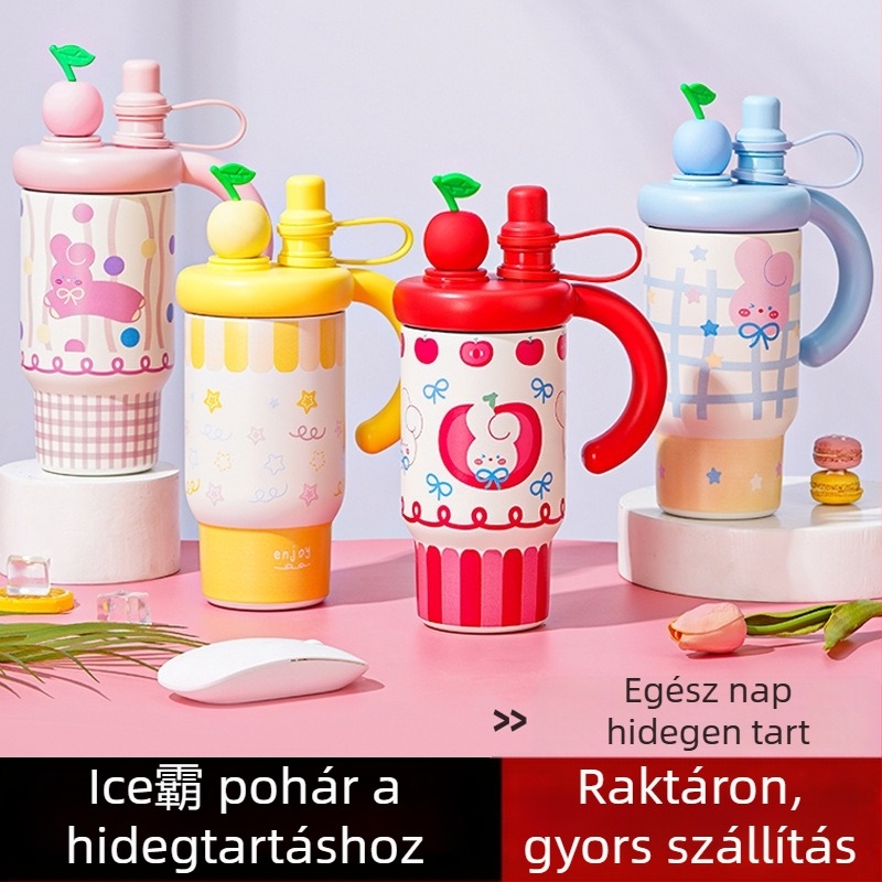 Lányoknak szóló hőszigetelt autós pohár, stílusos és aranyos, nagy kapacitású, 316 rozsdamentes acélból, szívószállal