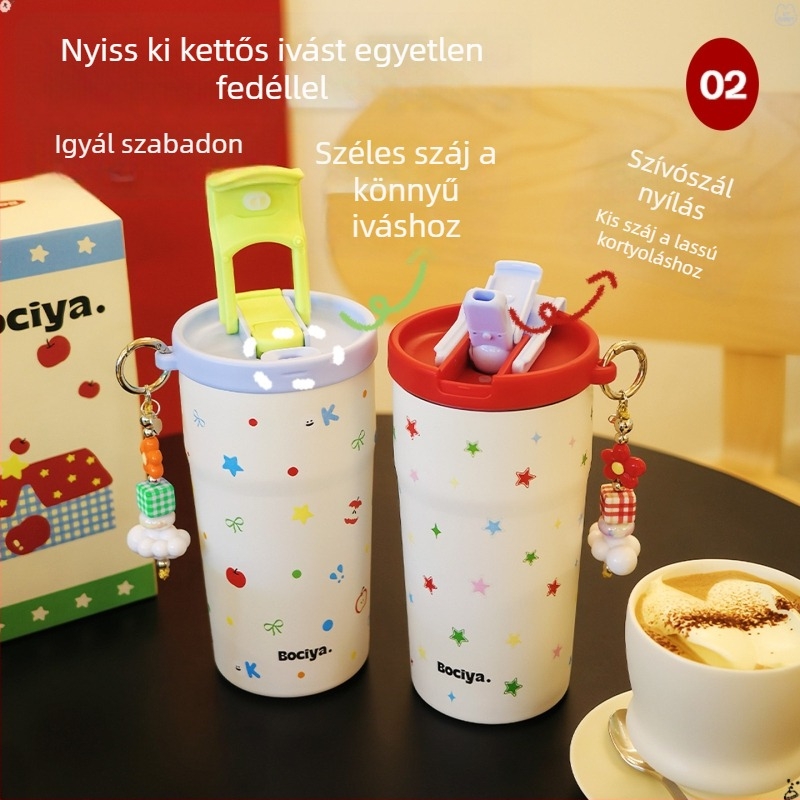 Bociya női termosz pohár, nagy kapacitású, hordozható kávés pohár szívószállal