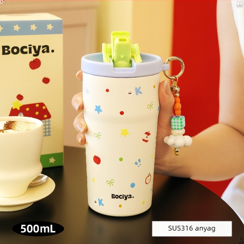 Bociya női termosz pohár, nagy kapacitású, hordozható kávés pohár szívószállal