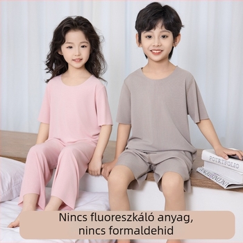Nyári gyerekeknek készült két részes pizsama szett Ice Silk anyagból, rövid ujjú, lazán illeszkedő, otthoni viselet