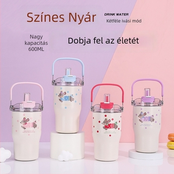 2025-ös új modell rozsdamentes acél termoszos pohár fogantyúval és szívószállal, hordozható két ivási opcióval