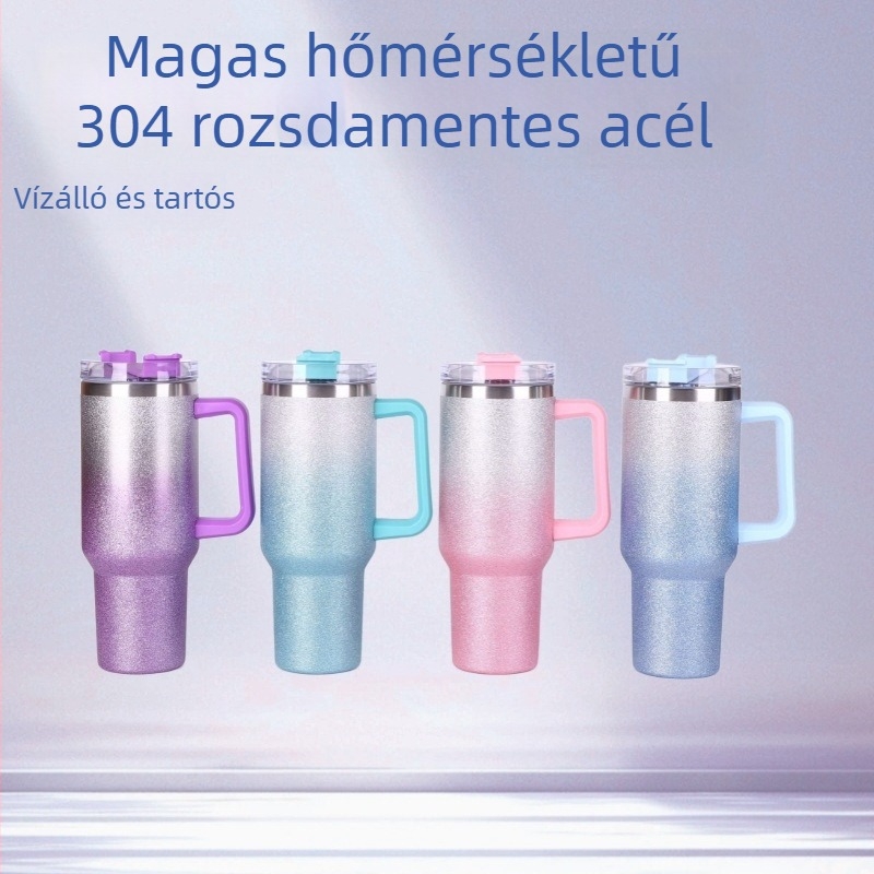 40oz gyémántmintás fogantyús autócsésze termosz, belső 304 rozsdamentes acél, külső 201, szívószállal