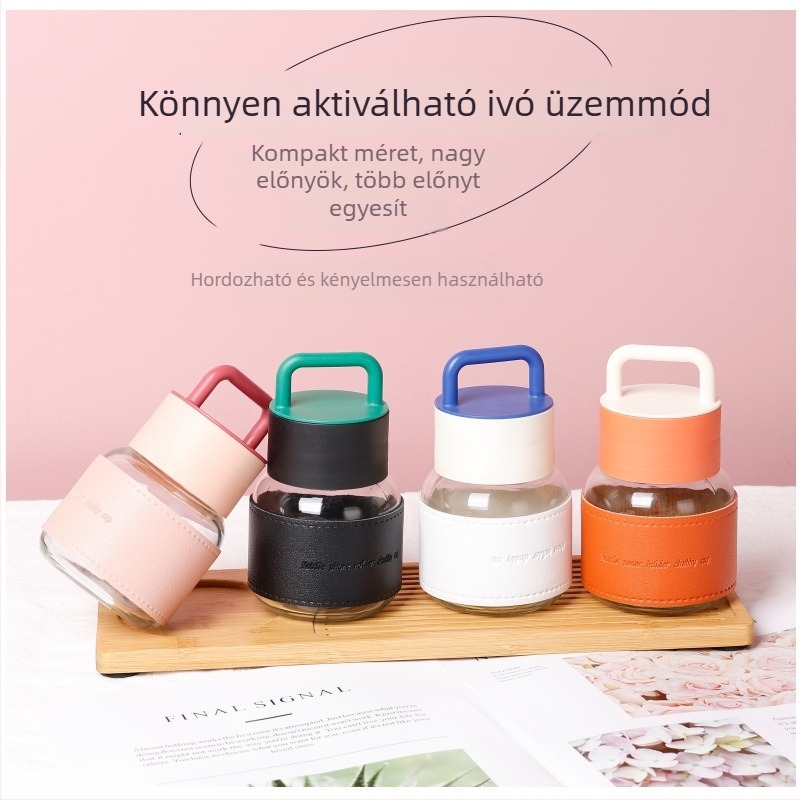 Hordozható üvegpohár fogantyúval – diákoknak, égési védelem, mini méret, modern kinézet, ajándék