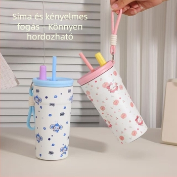 Karikatúra mintás szívószálas pohár 316-os rozsdamentes acélból, szigetelt termosz pánttal, hordozható utazási kávés pohár