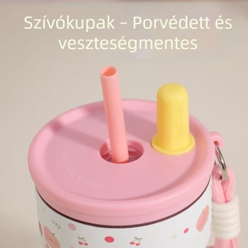 Karikatúra mintás szívószálas pohár 316-os rozsdamentes acélból, szigetelt termosz pánttal, hordozható utazási kávés pohár