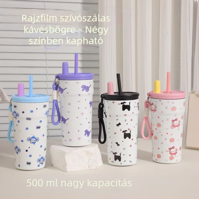 Karikatúra mintás szívószálas pohár 316-os rozsdamentes acélból, szigetelt termosz pánttal, hordozható utazási kávés pohár