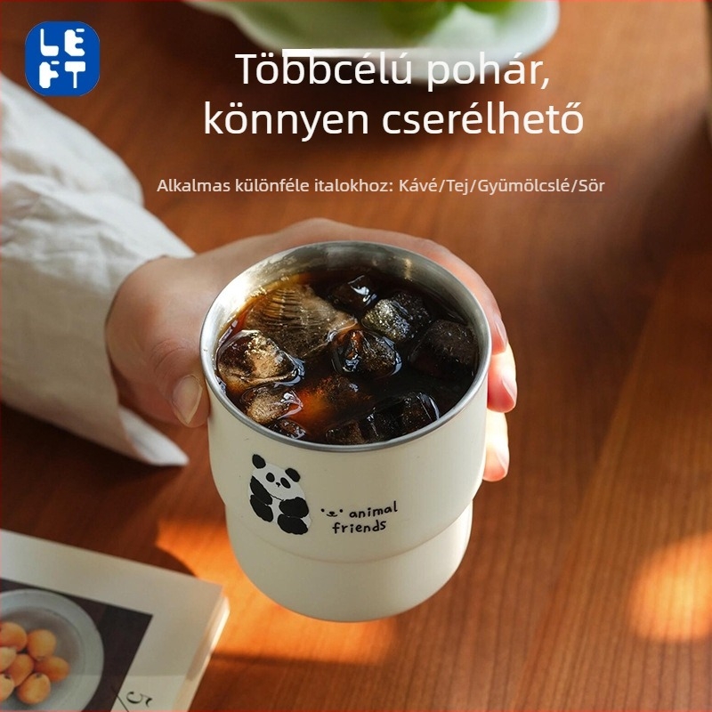 Panda kávés pohár fedővel, 304 rozsdamentes acélból, szívószállal, autóhoz hordozható, pároknak