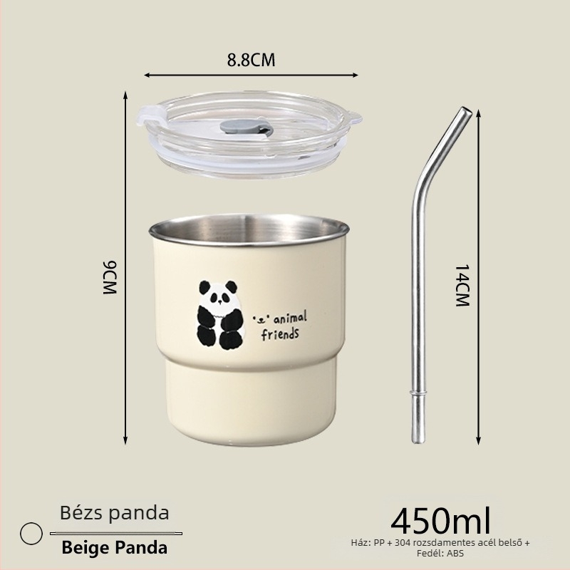 Panda kávés pohár fedővel, 304 rozsdamentes acélból, szívószállal, autóhoz hordozható, pároknak