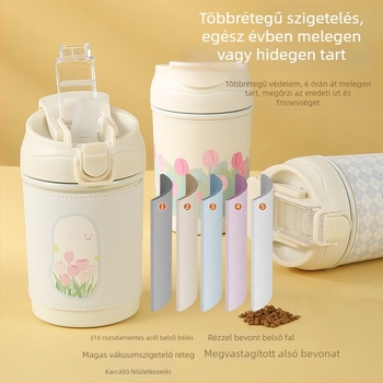 Instagram-stílusú kávés pohár, hordozható virágos gyöngy lánccal, rozsdamentes acélból készült szigetelt pohár, fedővel és szívóval