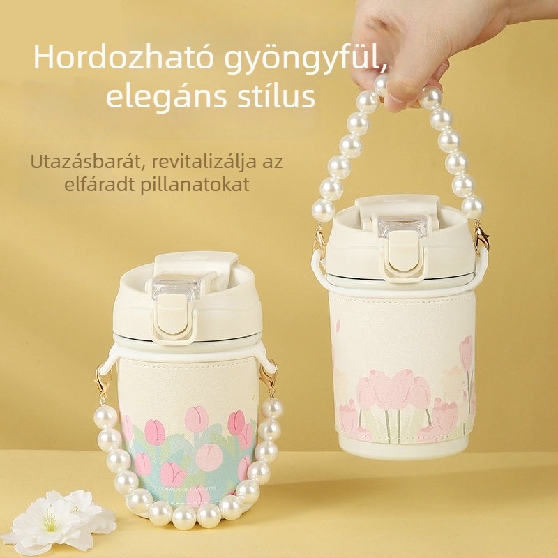 Instagram-stílusú kávés pohár, hordozható virágos gyöngy lánccal, rozsdamentes acélból készült szigetelt pohár, fedővel és szívóval