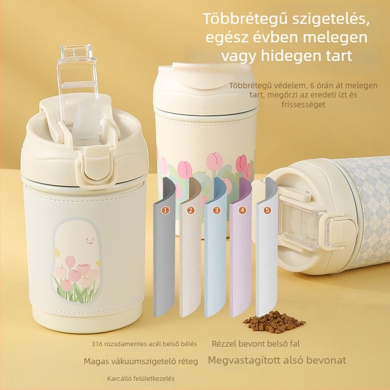 Instagram-stílusú kávés pohár, hordozható virágos gyöngy lánccal, rozsdamentes acélból készült szigetelt pohár, fedővel és szívóval