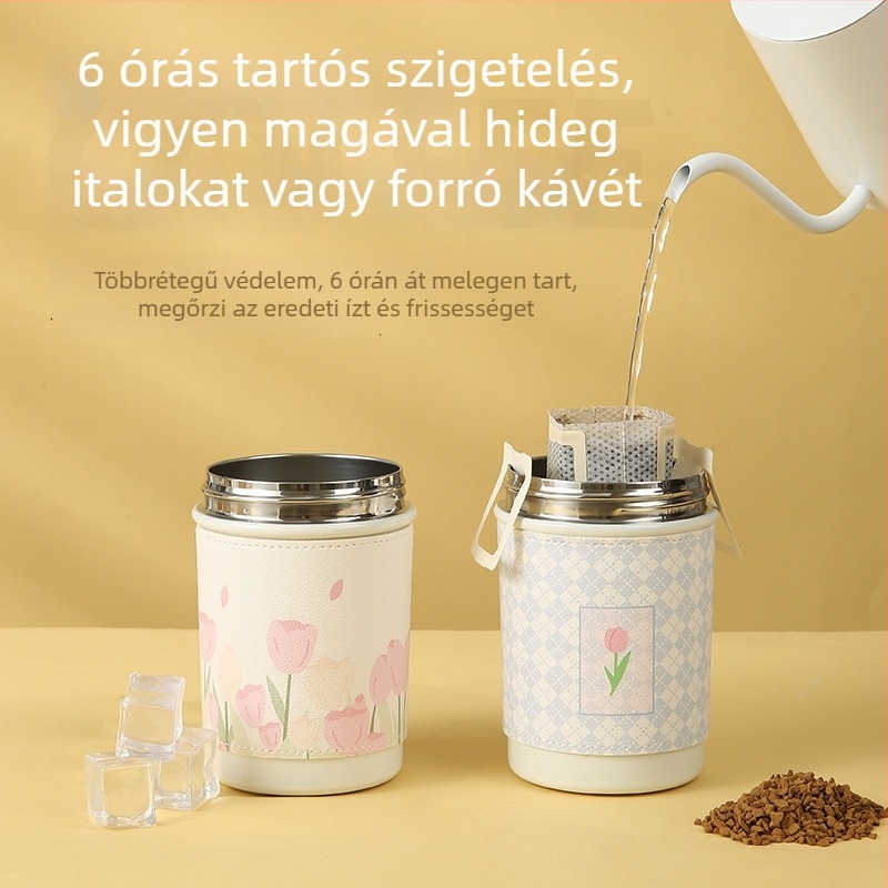 Instagram-stílusú kávés pohár, hordozható virágos gyöngy lánccal, rozsdamentes acélból készült szigetelt pohár, fedővel és szívóval