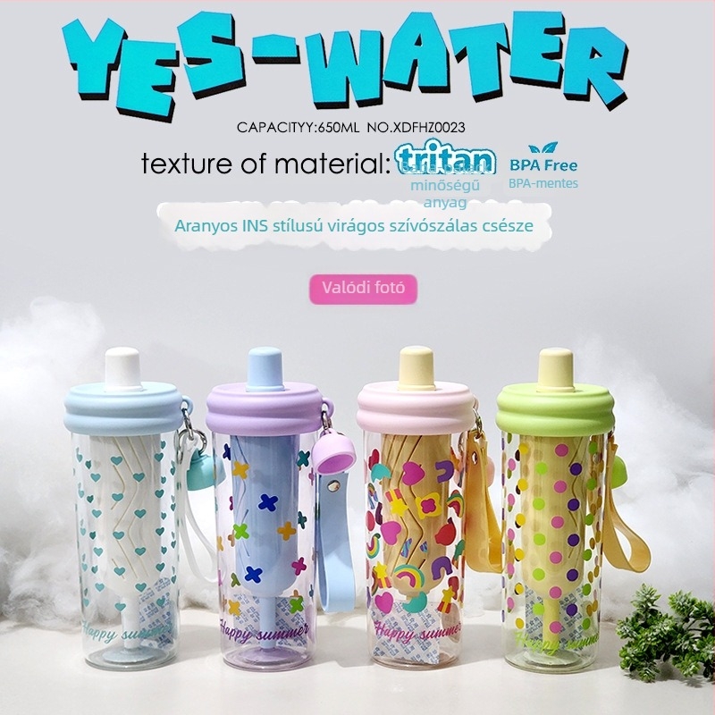 INS-stílusú teás pohár szívószállal, 650 ml, Tritan műanyag