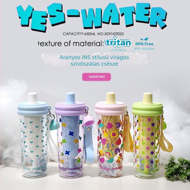 INS-stílusú teás pohár szívószállal, 650 ml, Tritan műanyag