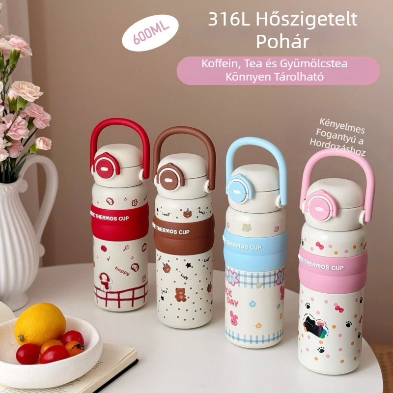316 rozsdamentes acél termosz pohár, nagy kapacitású, 3D-nyomtatott dizájn, szívószállal, diákoknak