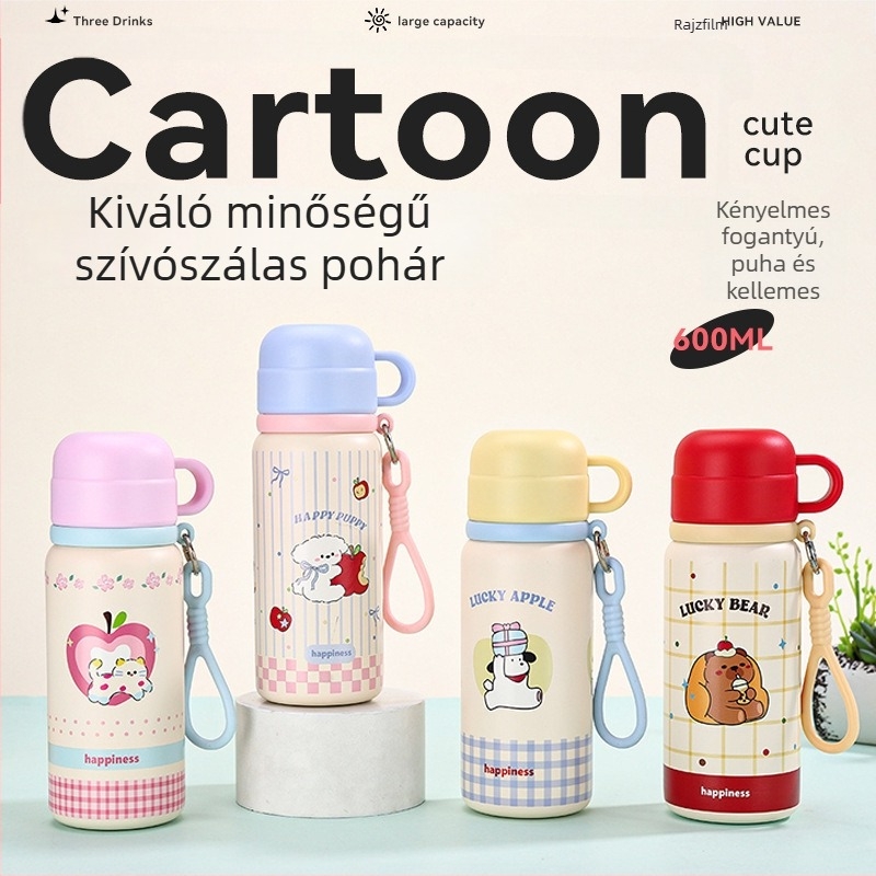 Gyerekeknek tervezett termosz pohár 316 rozsdamentes acél belsővel, szívócsővel és teás rekesszel — hordozható iskolába