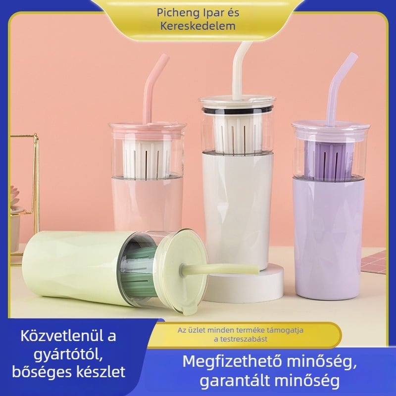 Új Youka rozsdamentes acél dupla falú vákuumos pohár irodai használatra, nagy kapacitású, szívószállal