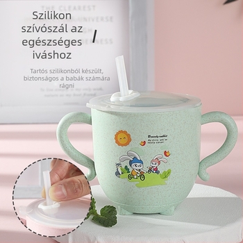 Gyerekeknek szóló vízivó pohár fedéllel és szívószállal, búzaszálból, két fogantyúval, zárható