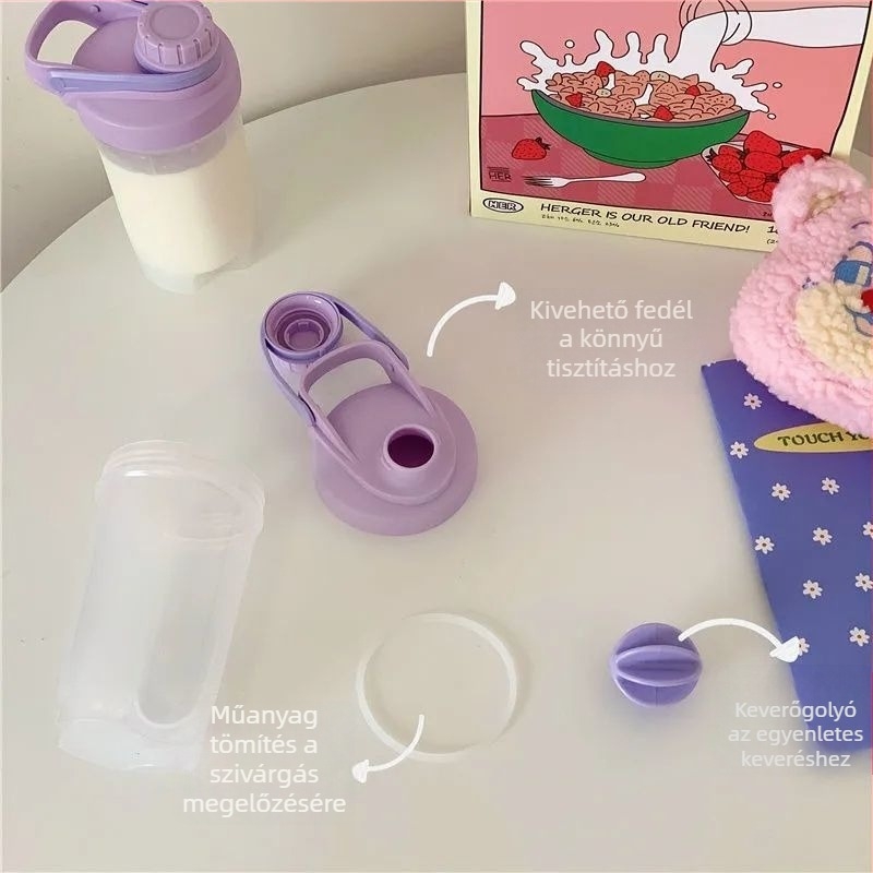 Krémszínű lilás shaker pohár, átlátszó műanyagból, nagy kapacitás, mérőskála, hordozható, nyári használatra, diákok számára