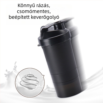500 ml fehérje shaker pohár, dupla fogantyúval, rétegzett tárolóval és keverővel, túrázáshoz és sporthoz
