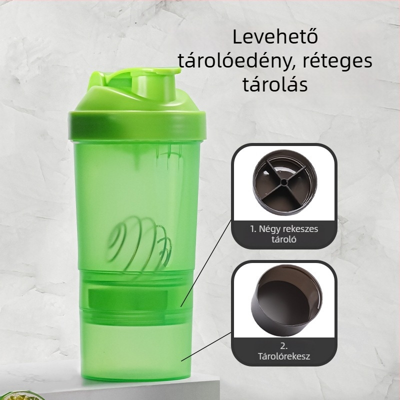 500 ml fehérje shaker pohár, dupla fogantyúval, rétegzett tárolóval és keverővel, túrázáshoz és sporthoz