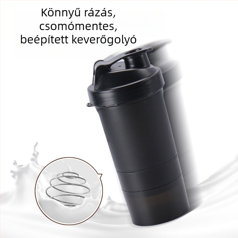 500 ml fehérje shaker pohár, dupla fogantyúval, rétegzett tárolóval és keverővel, túrázáshoz és sporthoz