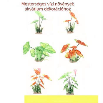Mesterséges vízi növények akváriumhoz, tájképi elrendezés széleslevelű zöld fával és fűcsomókkal, dekoráció az akváriumhoz, tojásrakó felület