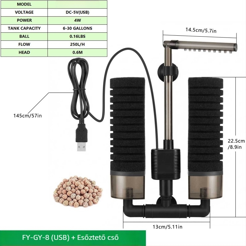 USB-s akvarisztikai szűrő gyapottal, csendes működés, édesvízi akváriumhoz, 5V