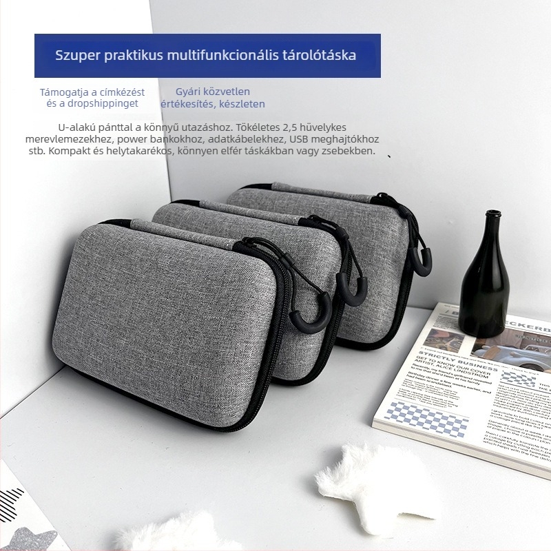 2,5 hüvelykes merevlemez tok, fejhallgató rendező, nagy kapacitású power bank tok, kábelvédő doboz, digitális szervező