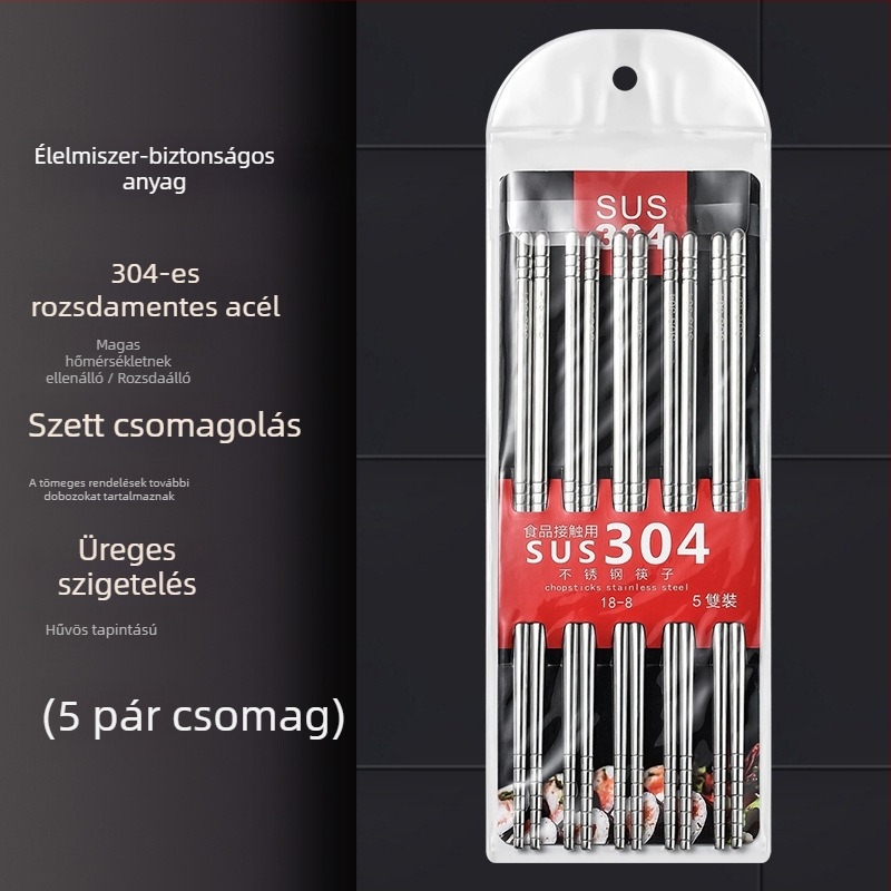 304 rozsdamentes acélból, egy darabból álló, kerek üreges kínai stílusú evőpálcikák, csúszásmentes, öt páras készlet