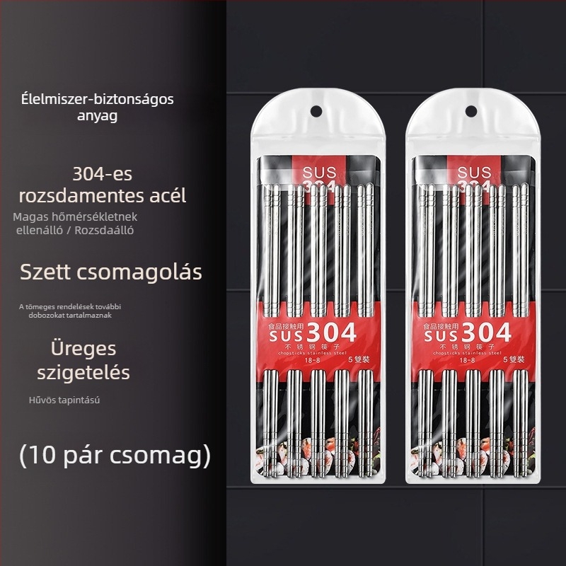 304 rozsdamentes acélból, egy darabból álló, kerek üreges kínai stílusú evőpálcikák, csúszásmentes, öt páras készlet