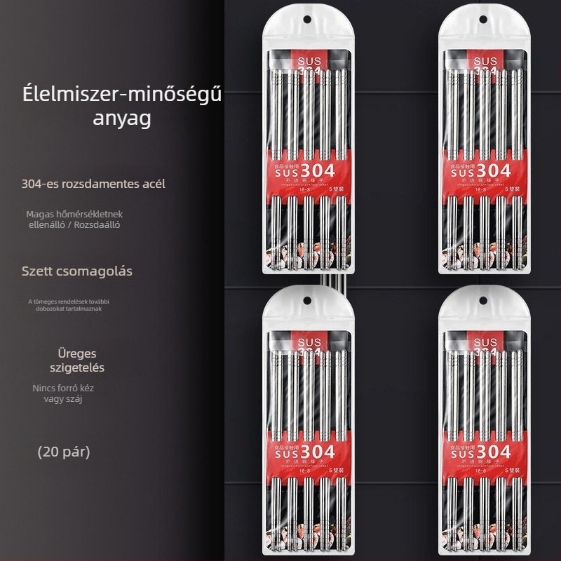 304 rozsdamentes acélból, egy darabból álló, kerek üreges kínai stílusú evőpálcikák, csúszásmentes, öt páras készlet