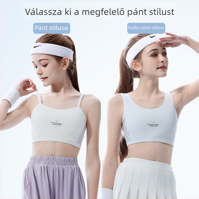 Pamut melltartó acélkarika nélkül, 9–13 éves lányoknak, sportos mellény stílusú, rögzített dupla vállpántok