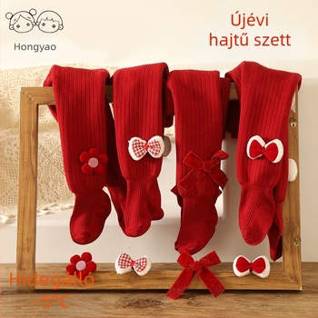 Újévi vörös készlet kislánynak: hajcsat és fleecével bélelt téli leggings