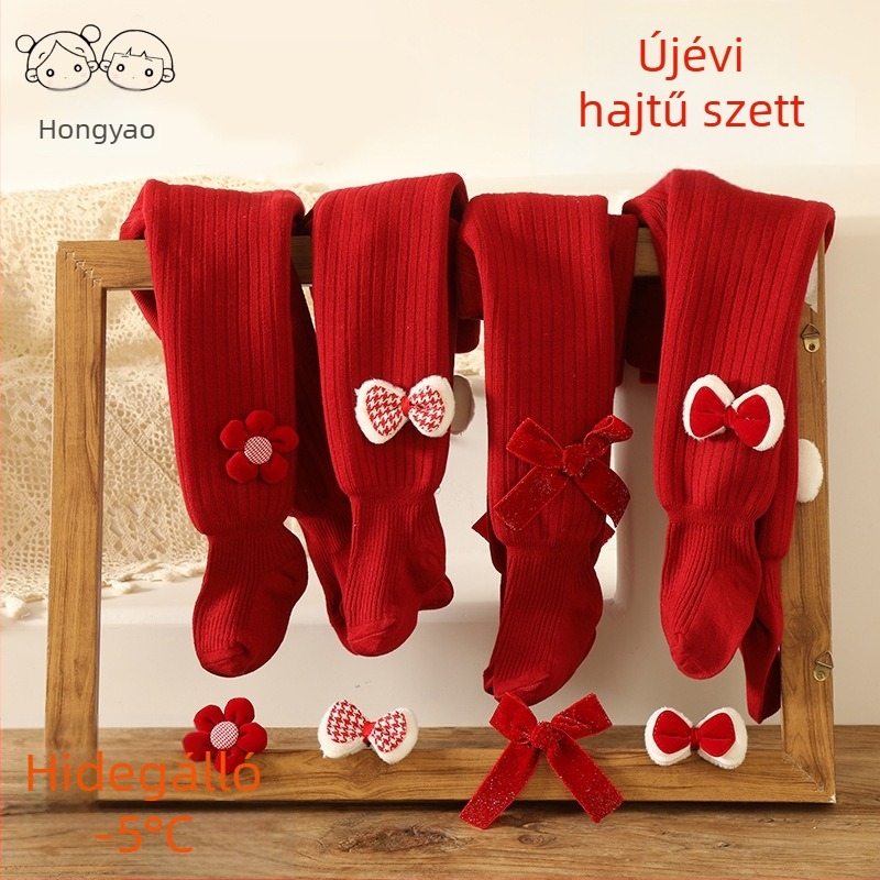 Újévi vörös készlet kislánynak: hajcsat és fleecével bélelt téli leggings